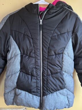 Girls Black & Heather Gray Puffer Jacket with Hood